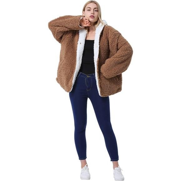 Catalonia Classic Reversible Sherpa Jacket, Fuzzy Winter Coat w/ Hood and Pocket - Picture 2 of 6